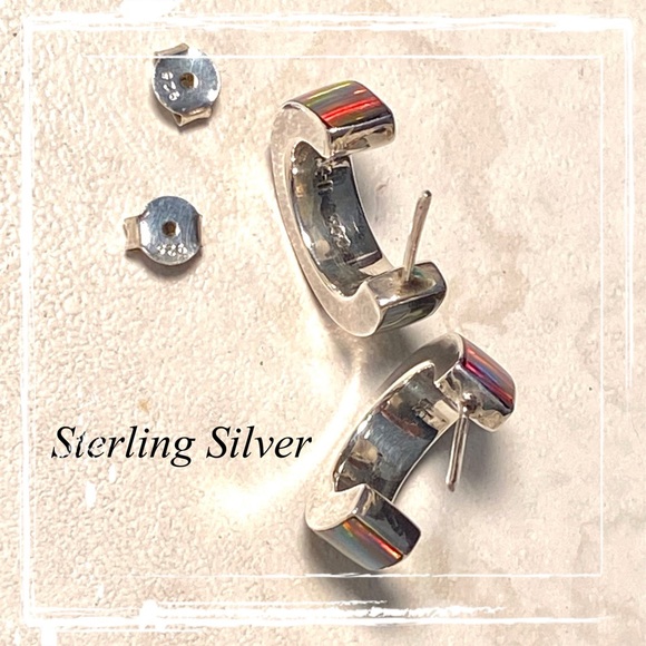 Fire Red Opal Sterling Silver Hoop Post Earrings 950 - Taxco, Mexico - Picture 5 of 8